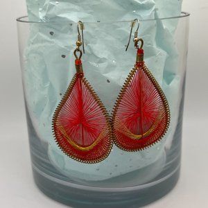 Red & Gold Woven Yarn Teardrop Earrings